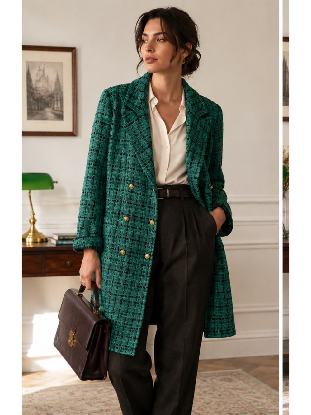 Green Tweed Double-Breasted Dark Academia 90’s Blazer Coat Gold Buttons Size 8